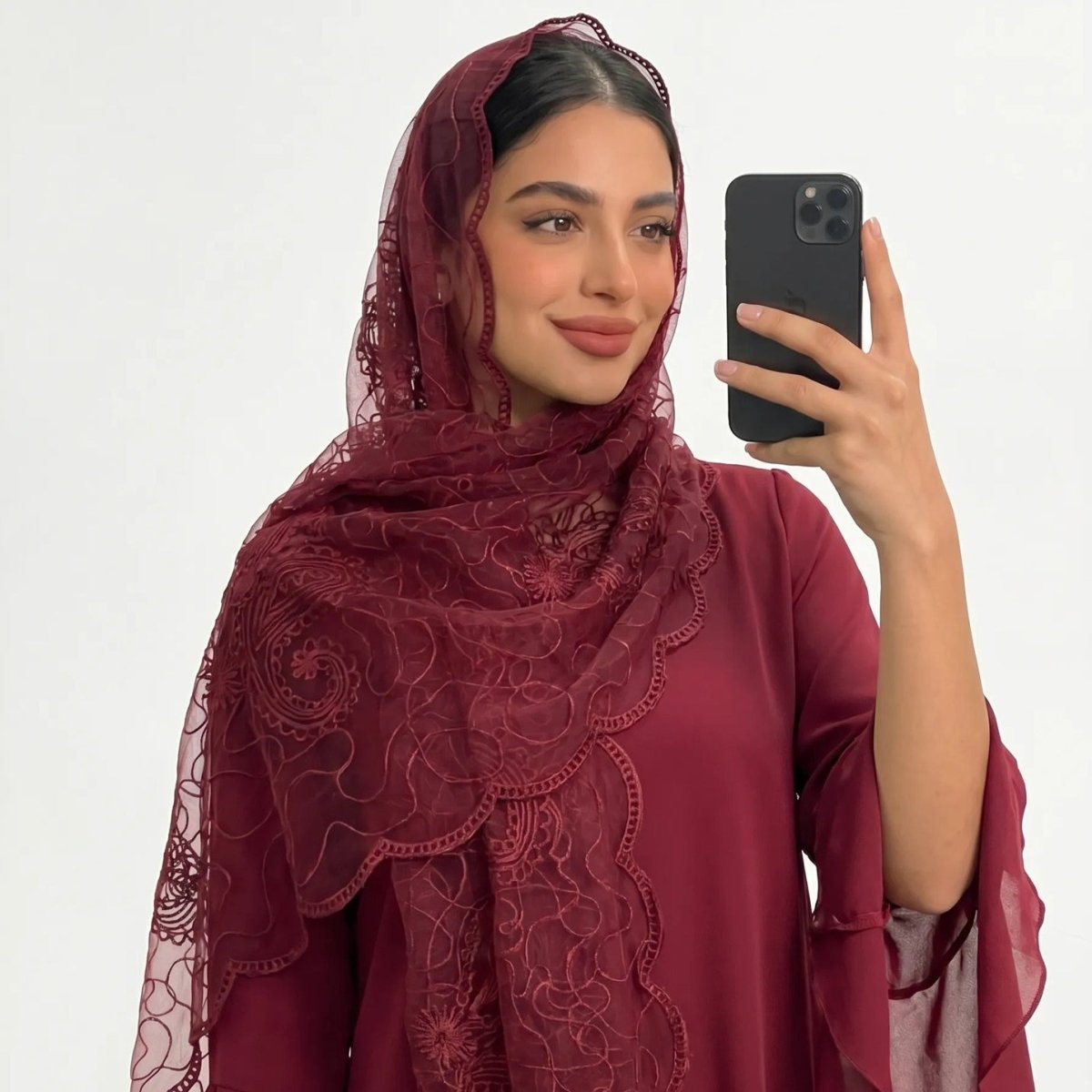 Floral Lace Embroidered Mesh Hijab(MH235) - Mariam's Collection
