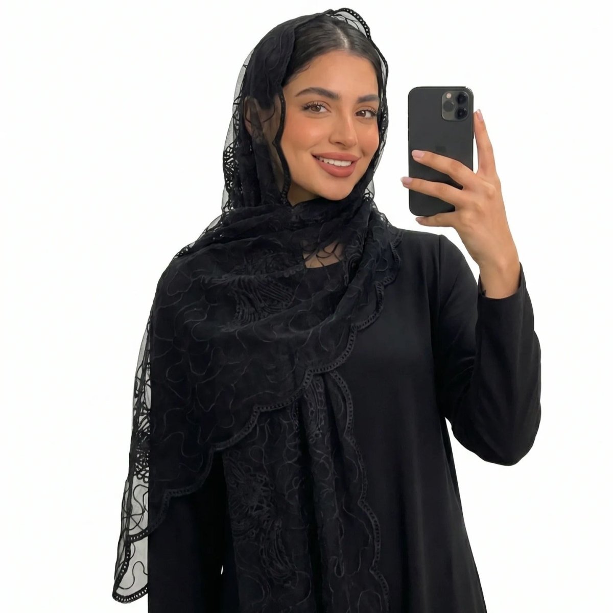 Floral Lace Embroidered Mesh Hijab(MH235) - Mariam's Collection