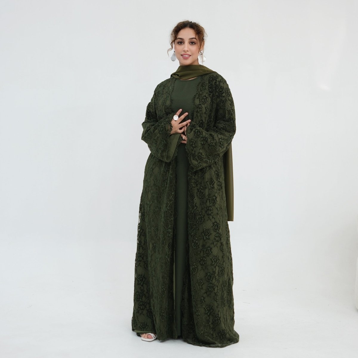 Floral Lace Open Abaya with Lining(MOA329) - Mariam's Collection