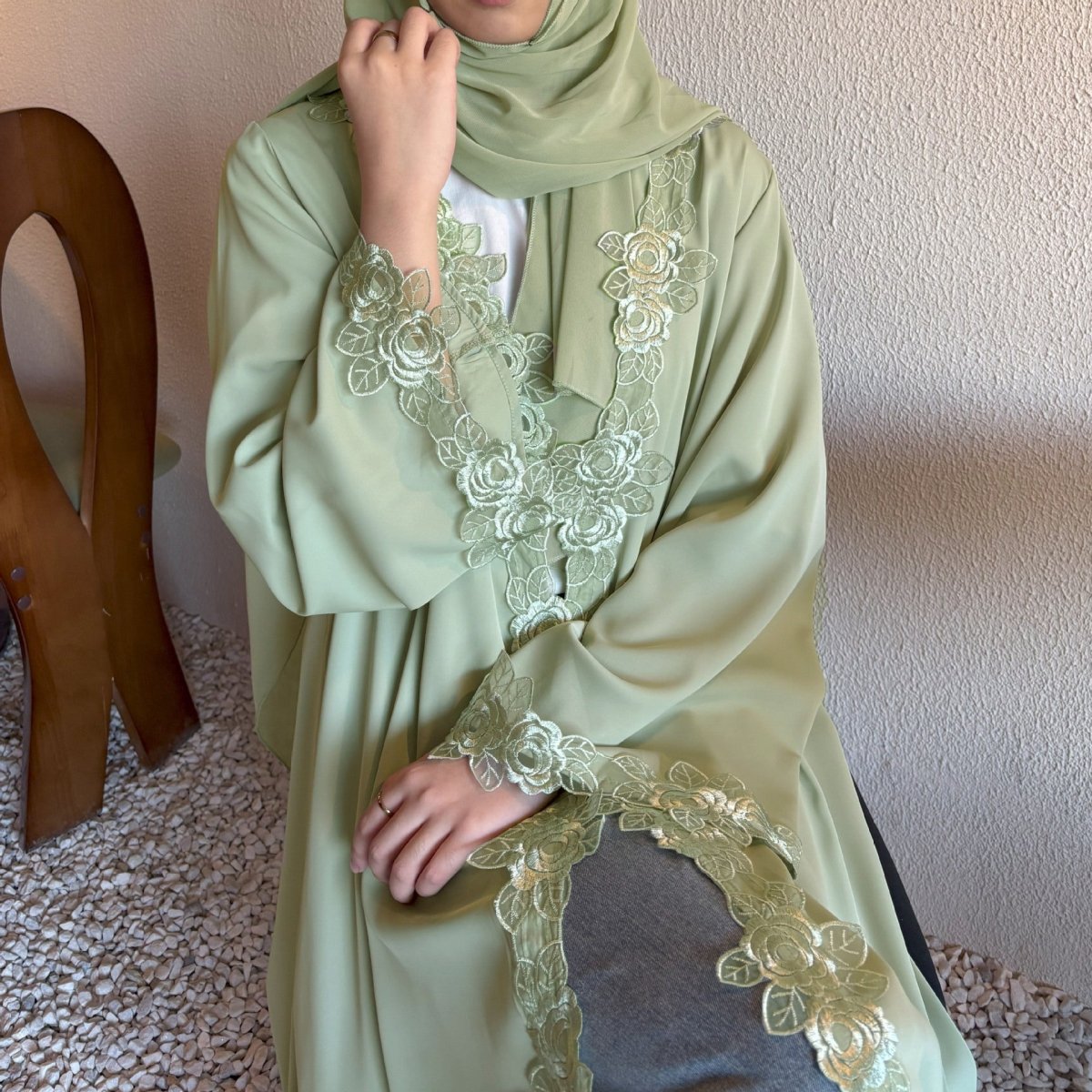 Floral Lace Trim Abaya with Hijab(MOA264) - Mariam's Collection