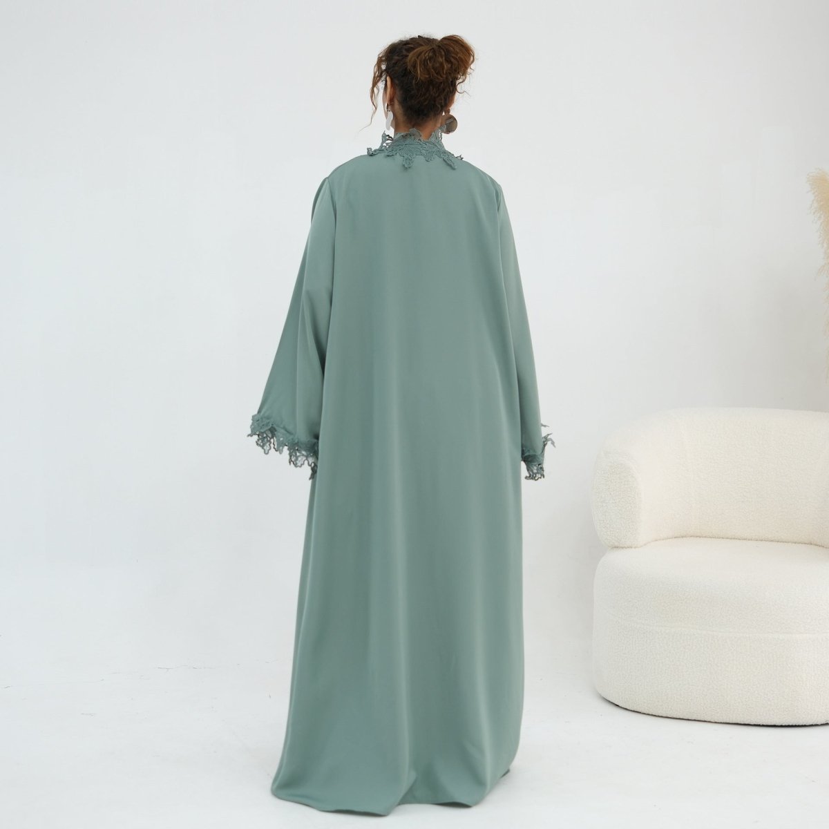 Floral Lace Trim Open Abaya & Sleeveless Inner Dress Set(MOA312) - Mariam's Collection