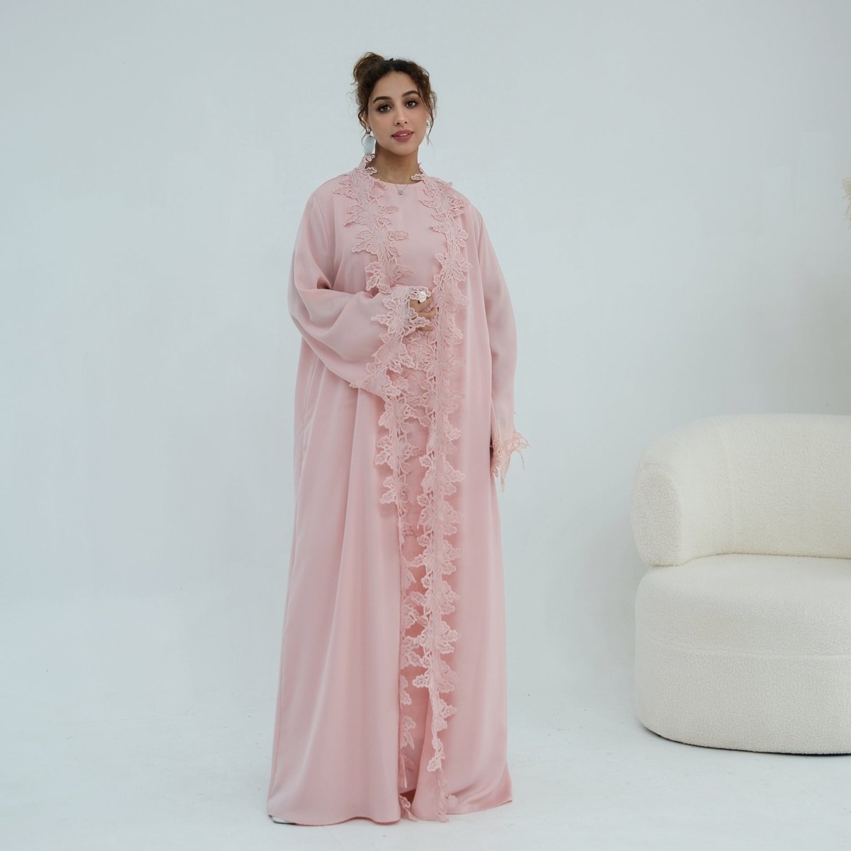 Floral Lace Trim Open Abaya & Sleeveless Inner Dress Set(MOA312) - Mariam's Collection