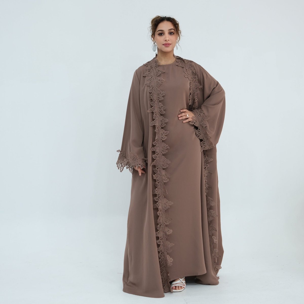 Floral Lace Trim Open Abaya & Sleeveless Inner Dress Set(MOA312) - Mariam's Collection