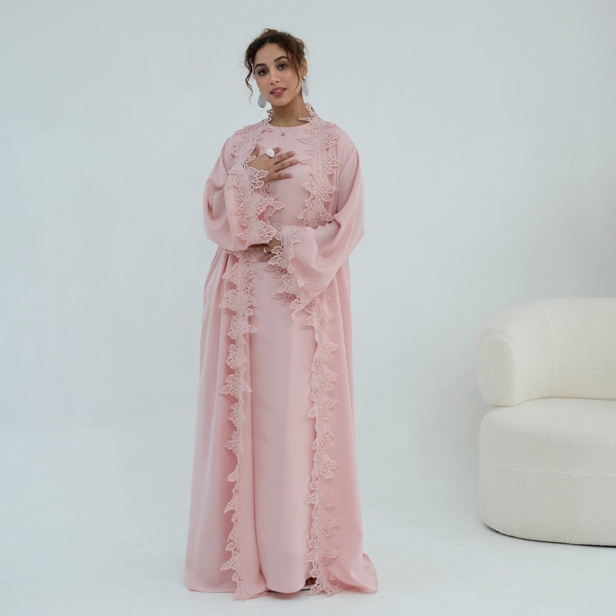 Floral Lace Trim Open Abaya & Sleeveless Inner Dress Set(MOA312) - Mariam's Collection