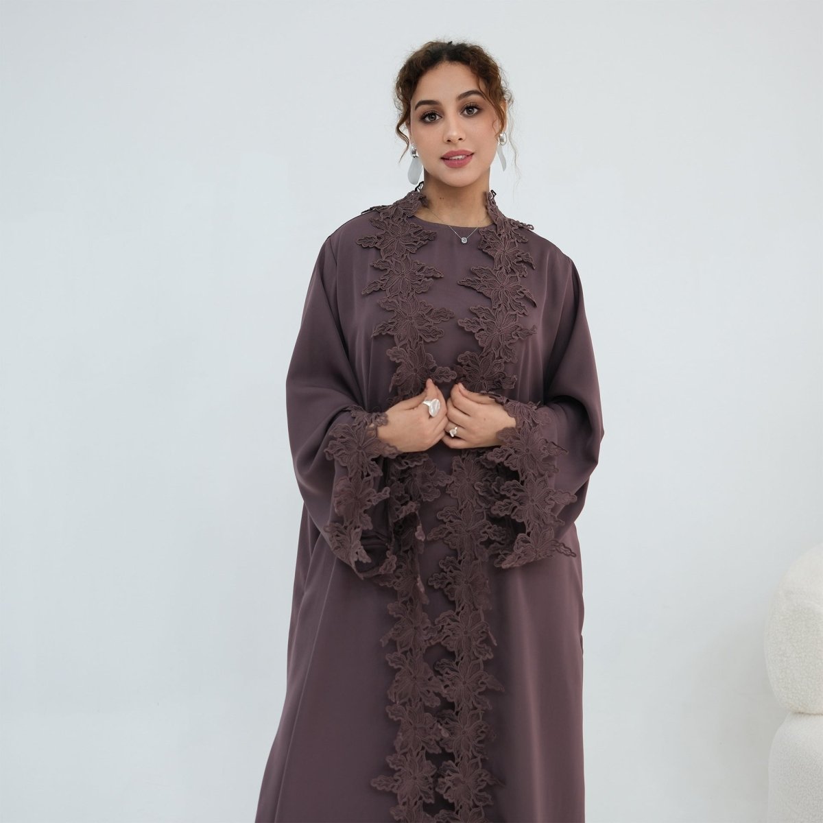 Floral Lace Trim Open Abaya & Sleeveless Inner Dress Set(MOA312) - Mariam's Collection