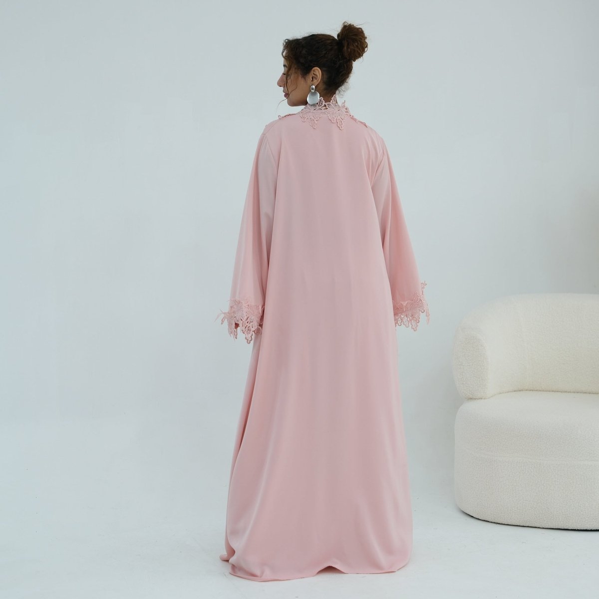 Floral Lace Trim Open Abaya & Sleeveless Inner Dress Set(MOA312) - Mariam's Collection