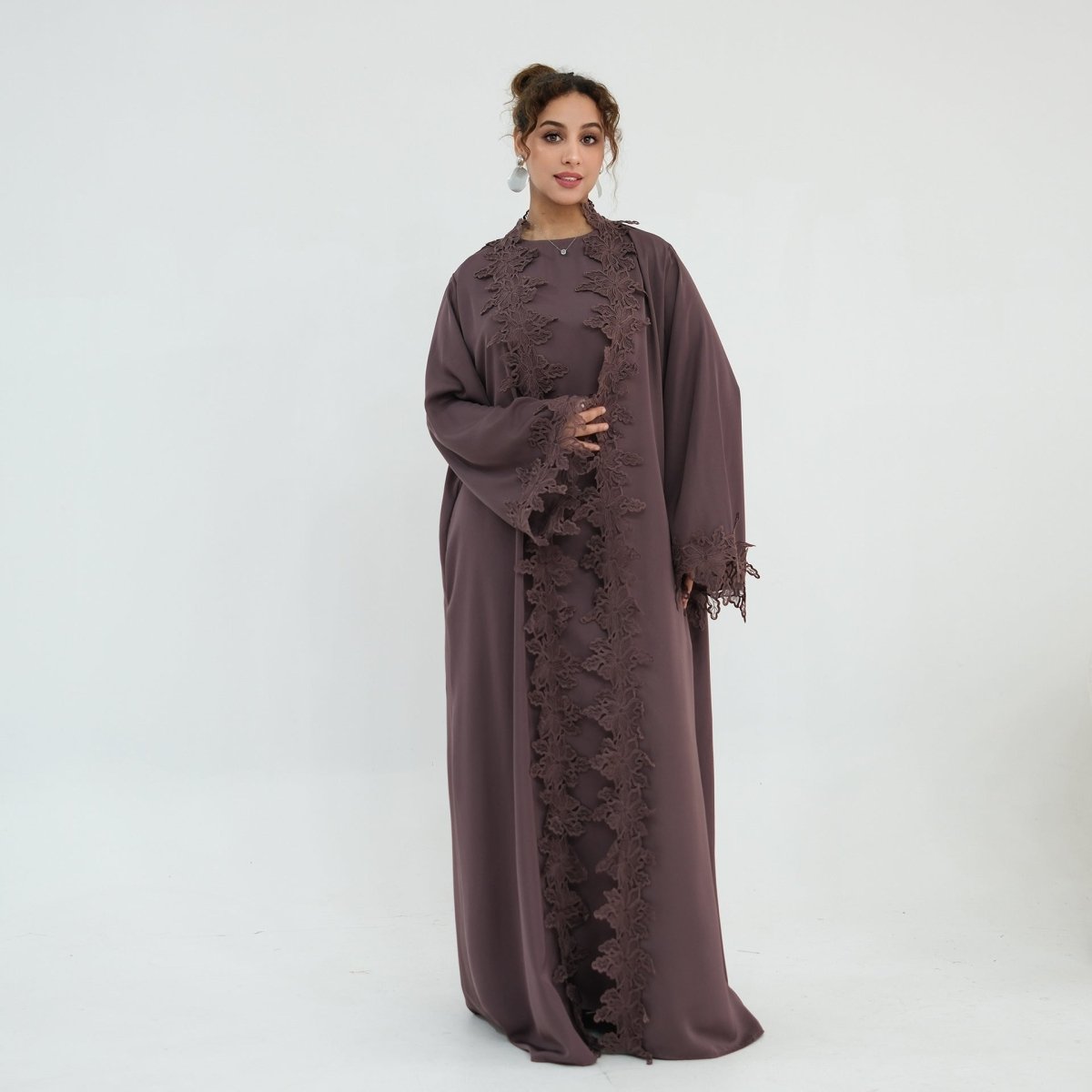 Floral Lace Trim Open Abaya & Sleeveless Inner Dress Set(MOA312) - Mariam's Collection