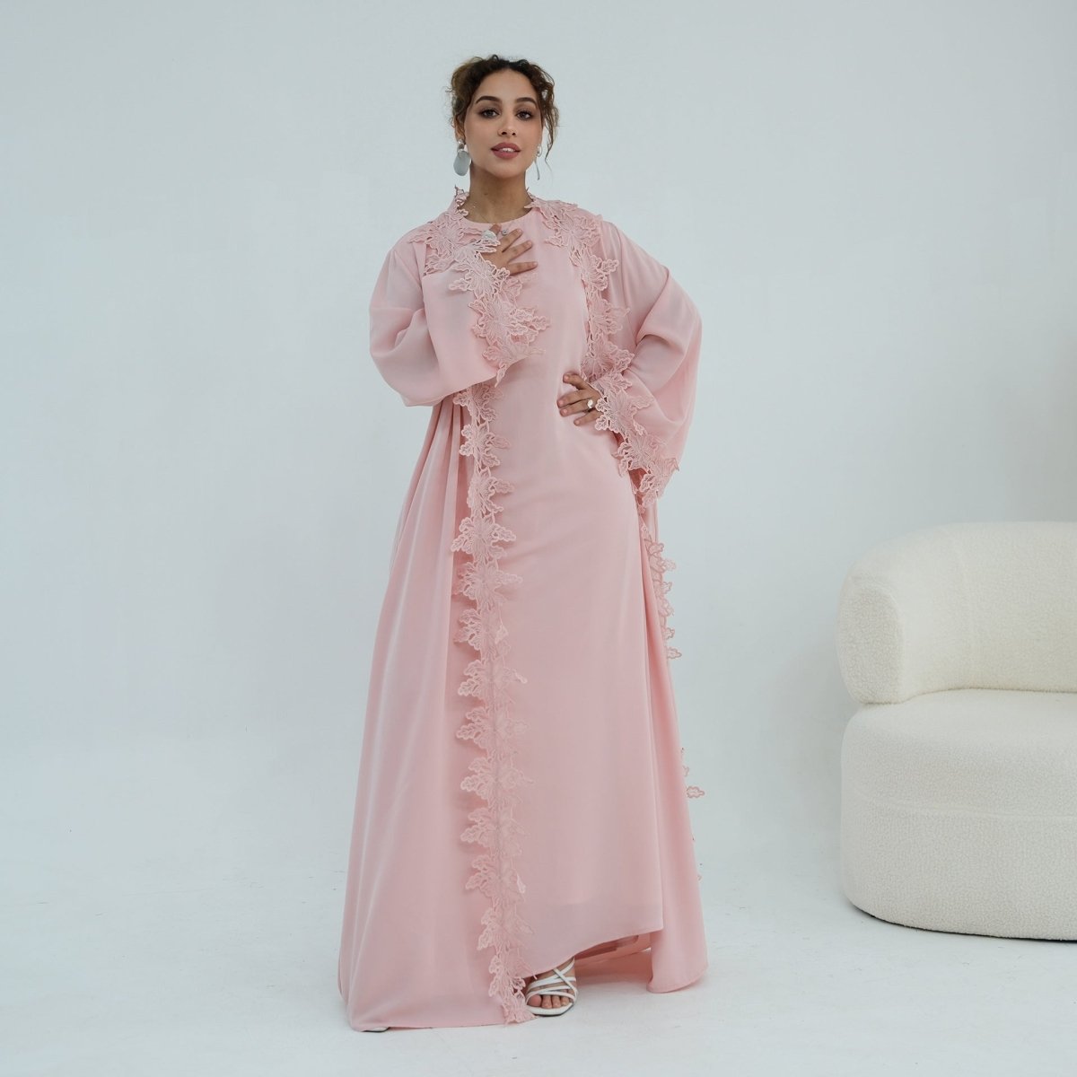 Floral Lace Trim Open Abaya & Sleeveless Inner Dress Set(MOA312) - Mariam's Collection