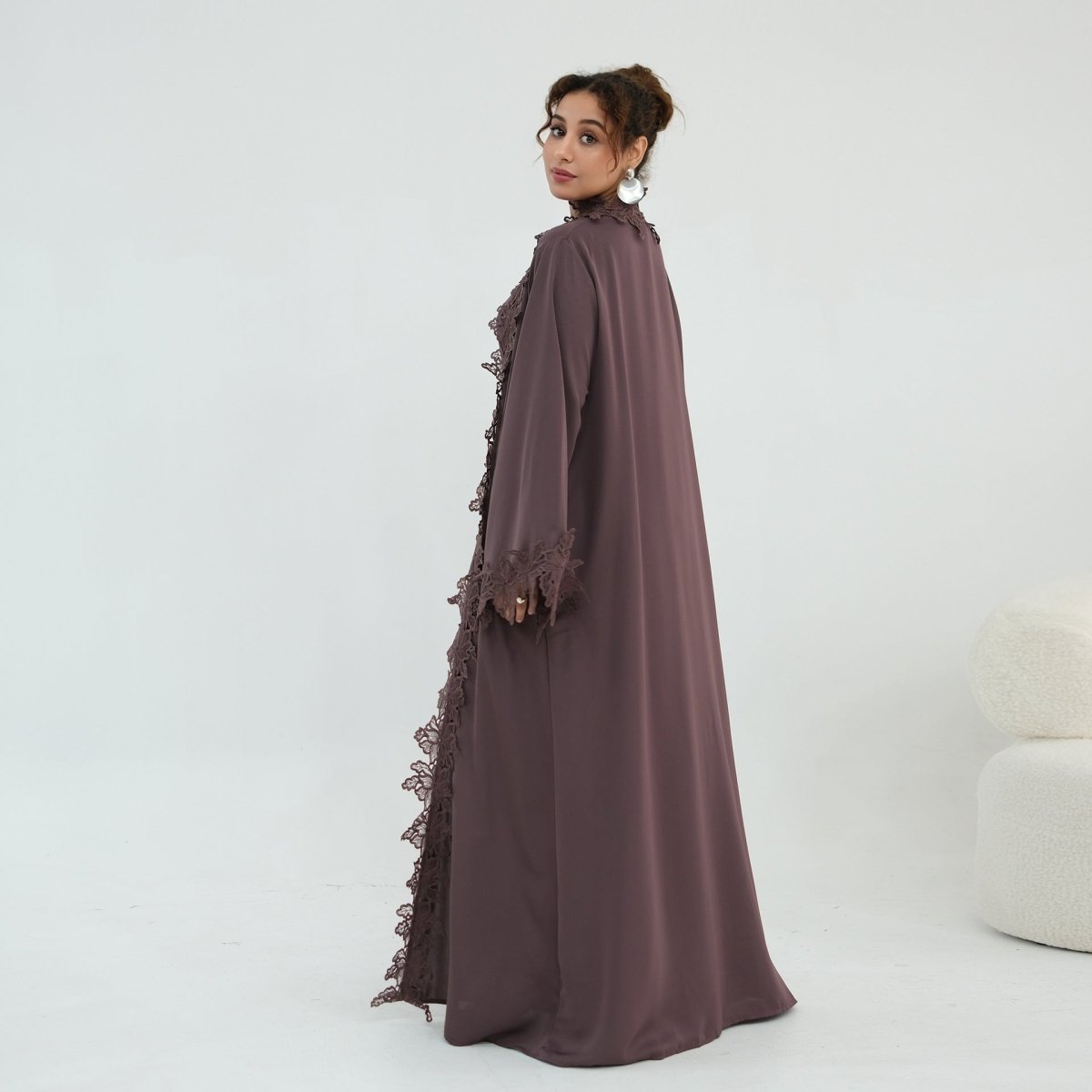 Floral Lace Trim Open Abaya & Sleeveless Inner Dress Set(MOA312) - Mariam's Collection