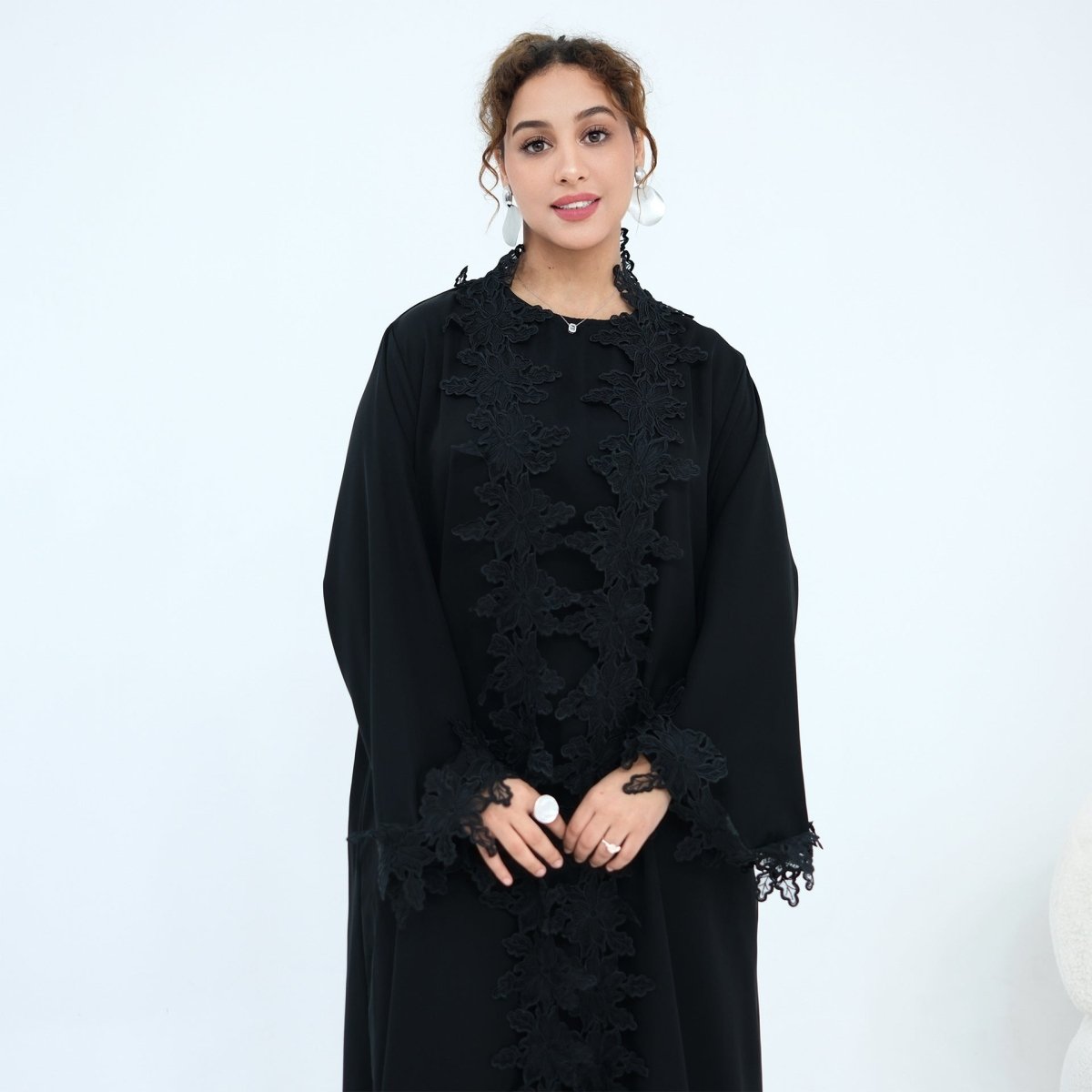 Floral Lace Trim Open Abaya & Sleeveless Inner Dress Set(MOA312) - Mariam's Collection