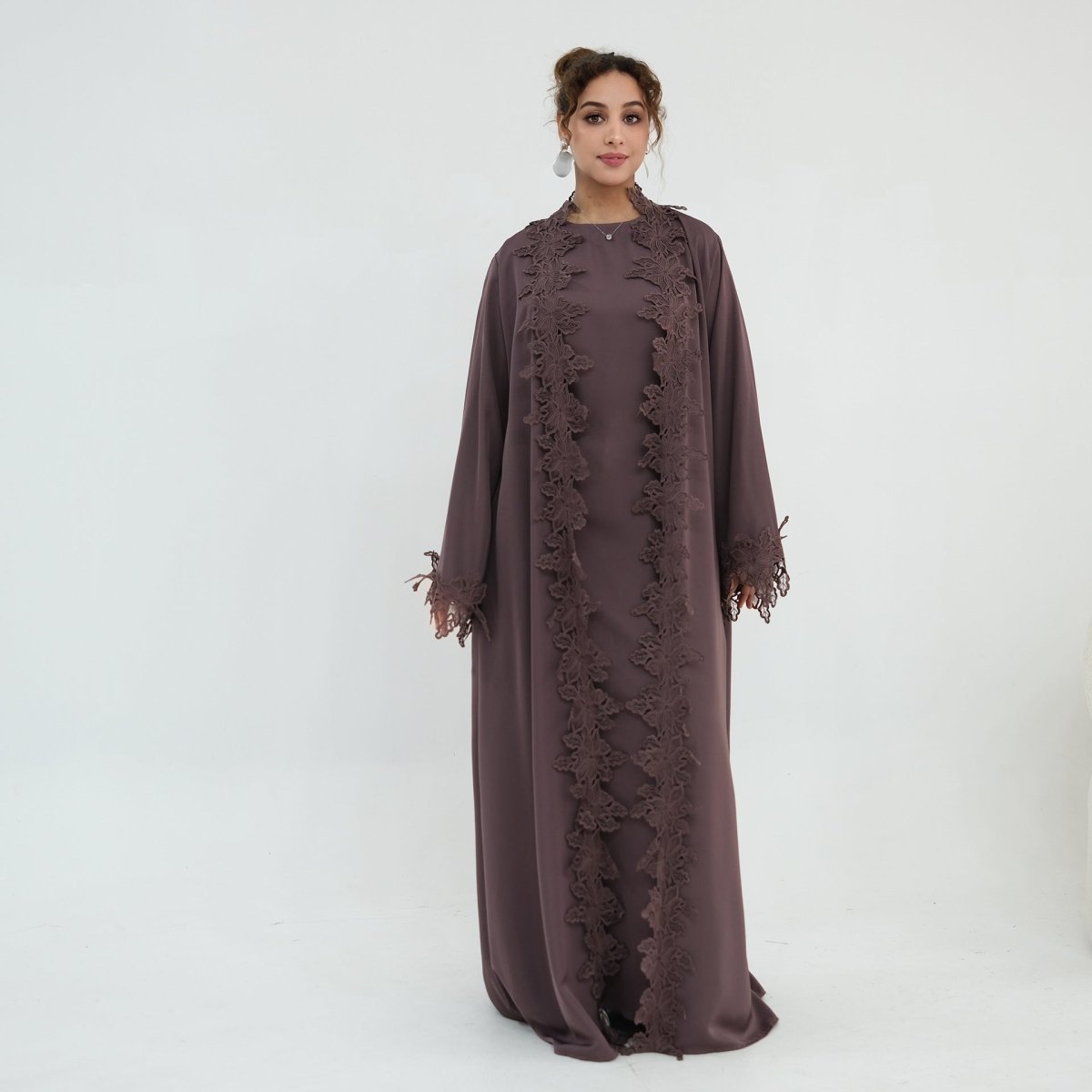 Floral Lace Trim Open Abaya & Sleeveless Inner Dress Set(MOA312) - Mariam's Collection