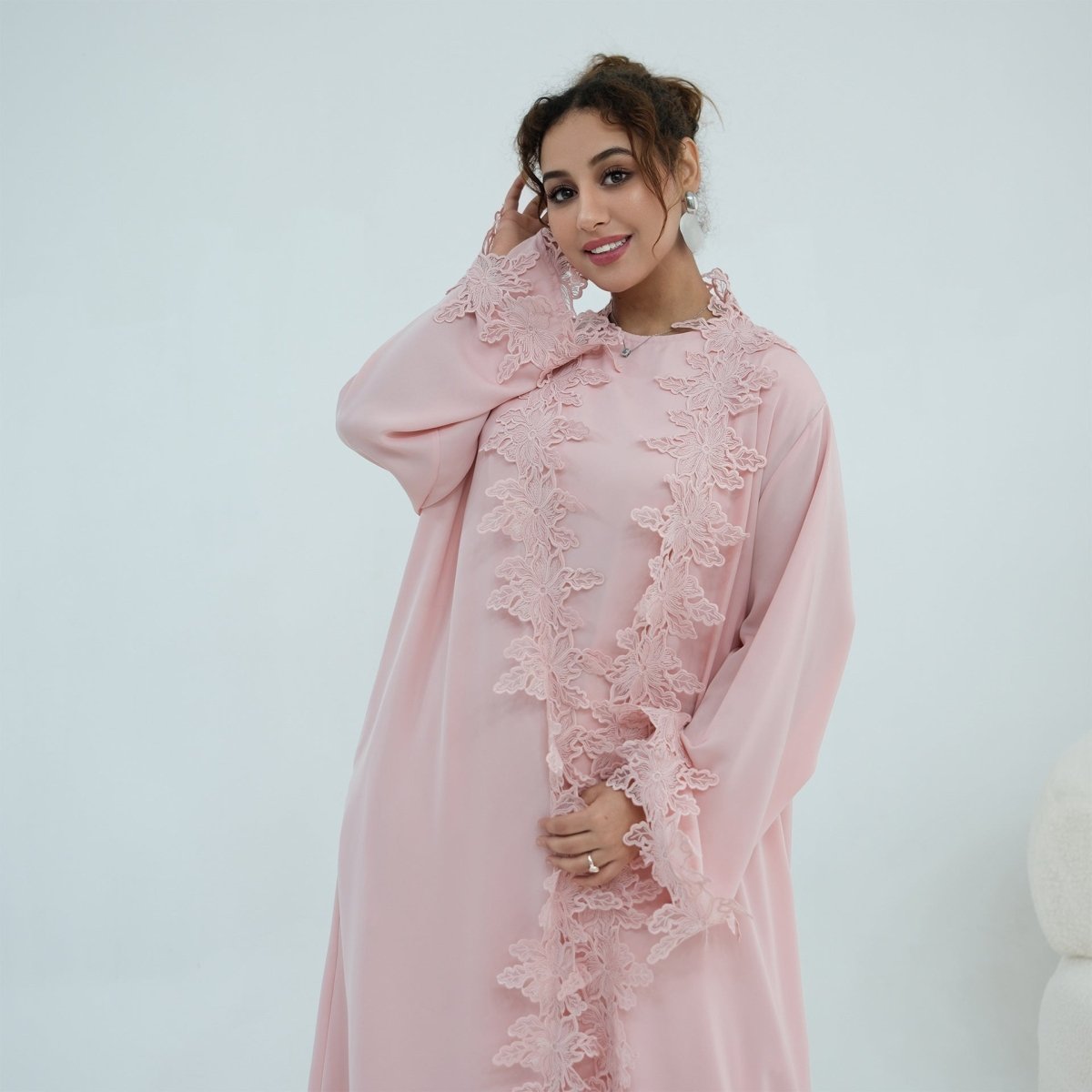 Floral Lace Trim Open Abaya & Sleeveless Inner Dress Set(MOA312) - Mariam's Collection