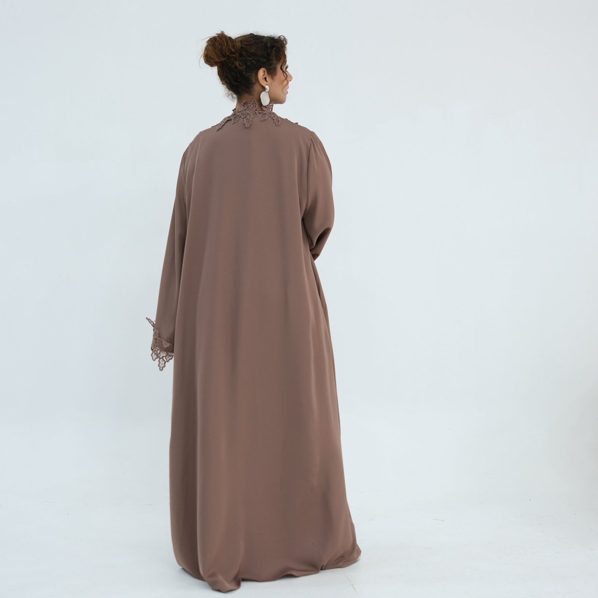 Floral Lace Trim Open Abaya & Sleeveless Inner Dress Set(MOA312) - Mariam's Collection