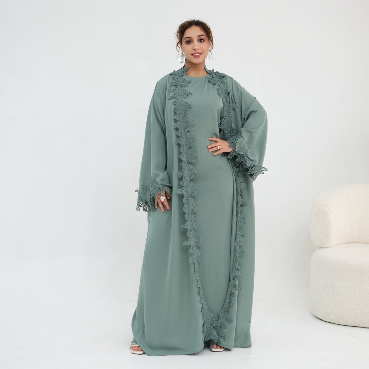 Floral Lace Trim Open Abaya & Sleeveless Inner Dress Set(MOA312) - Mariam's Collection