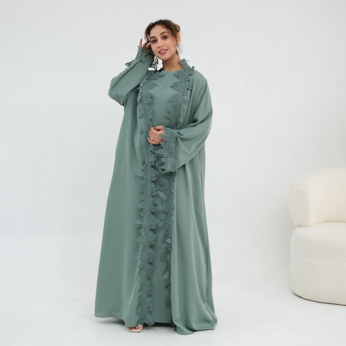 Floral Lace Trim Open Abaya & Sleeveless Inner Dress Set(MOA312) - Mariam's Collection