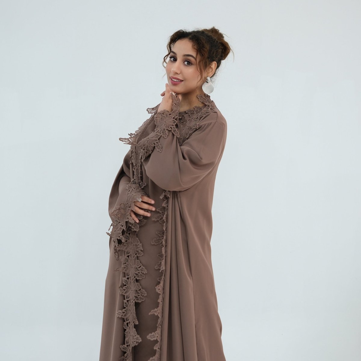 Floral Lace Trim Open Abaya & Sleeveless Inner Dress Set(MOA312) - Mariam's Collection