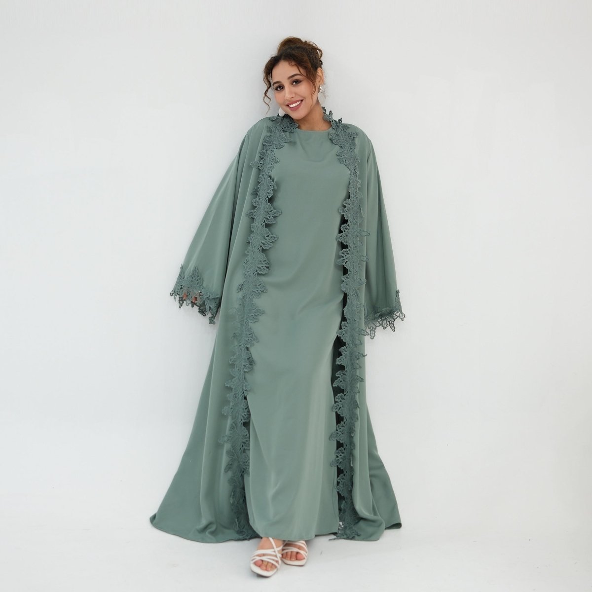 Floral Lace Trim Open Abaya & Sleeveless Inner Dress Set(MOA312) - Mariam's Collection