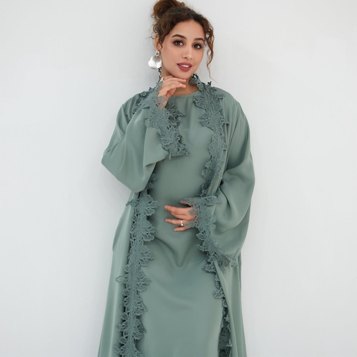 Floral Lace Trim Open Abaya & Sleeveless Inner Dress Set(MOA312) - Mariam's Collection