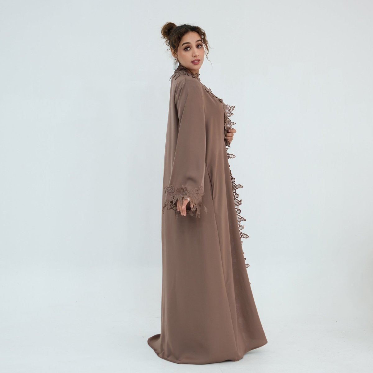 Floral Lace Trim Open Abaya & Sleeveless Inner Dress Set(MOA312) - Mariam's Collection