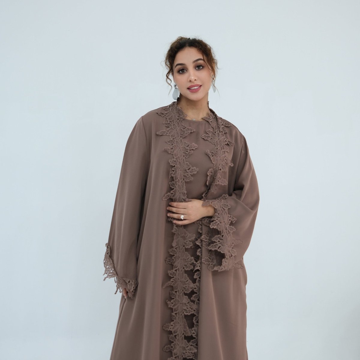 Floral Lace Trim Open Abaya & Sleeveless Inner Dress Set(MOA312) - Mariam's Collection