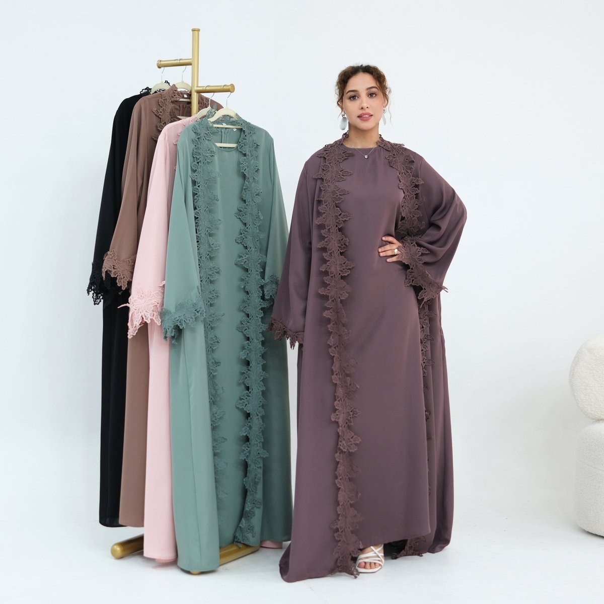 Floral Lace Trim Open Abaya & Sleeveless Inner Dress Set(MOA312) - Mariam's Collection