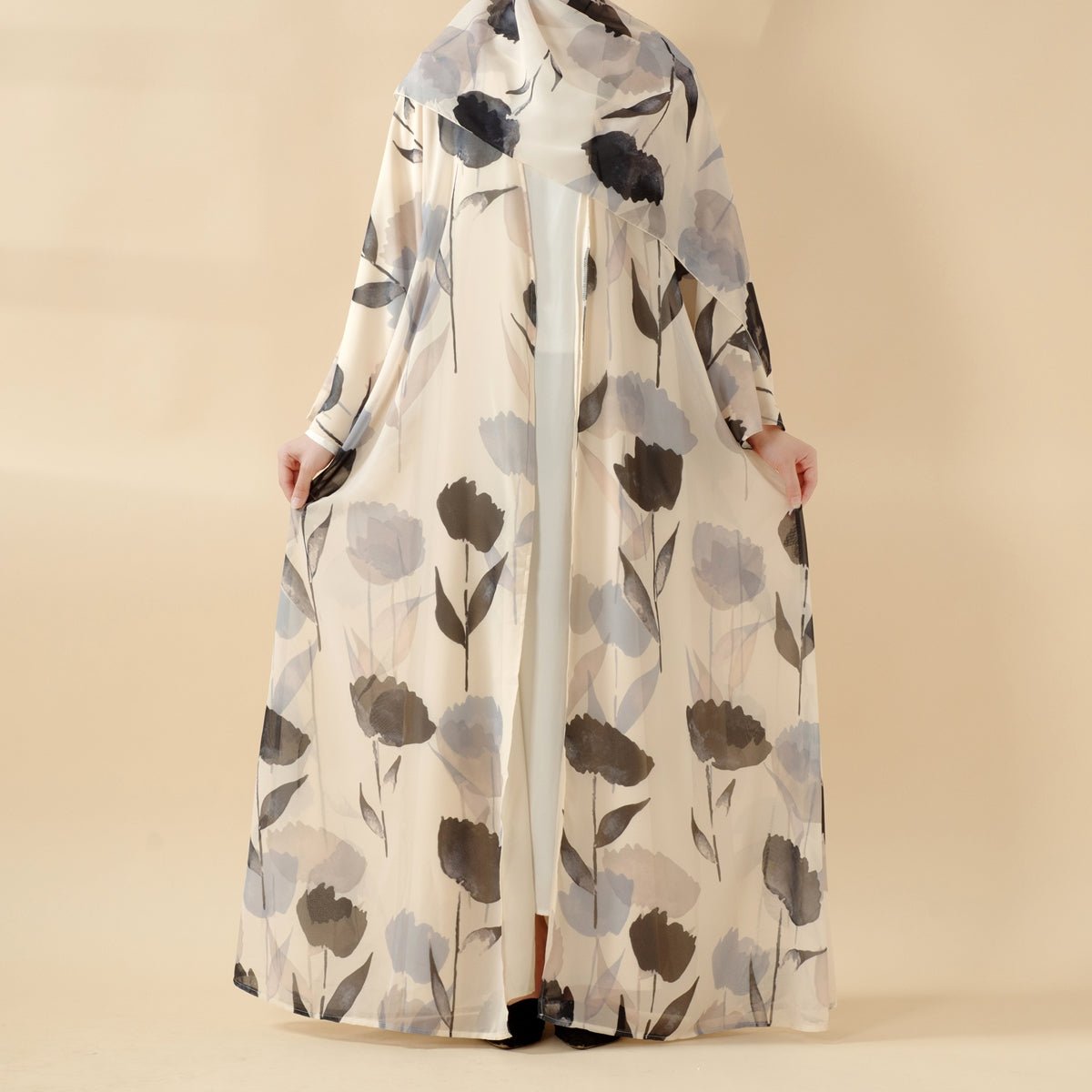 Floral Pattern 2 - Piece Set Lightweight Printed Open Abaya (MOA124) - Mariam's Collection