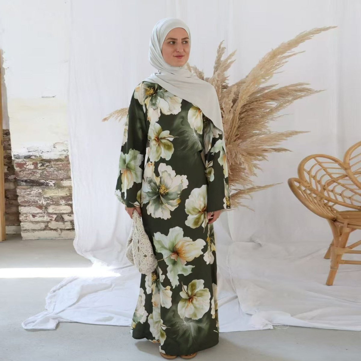 Floral Print Abaya with Bell Sleeves(MA332) - Mariam's Collection