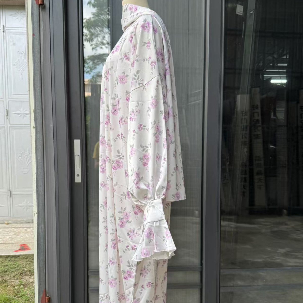 Floral print modest hijab set with elegant gathered neckline