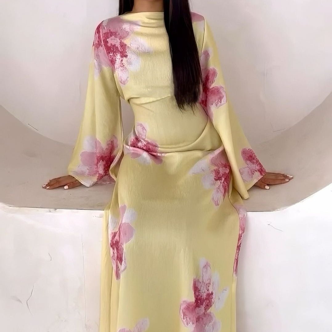 Floral Print Bell Sleeve Maxi Dress Abaya (MA214) - Mariam's Collection