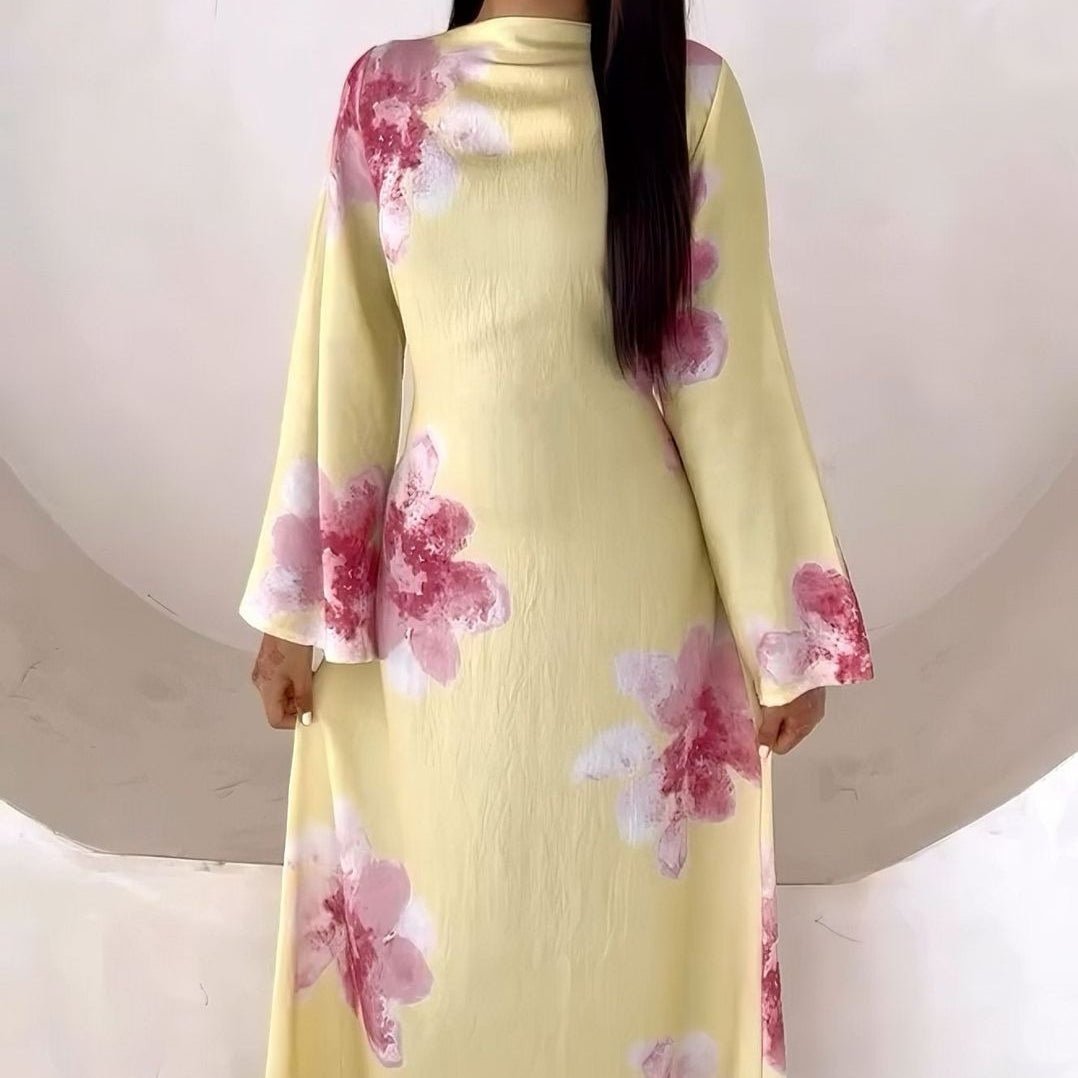 Floral Print Bell Sleeve Maxi Dress Abaya (MA214) - Mariam's Collection