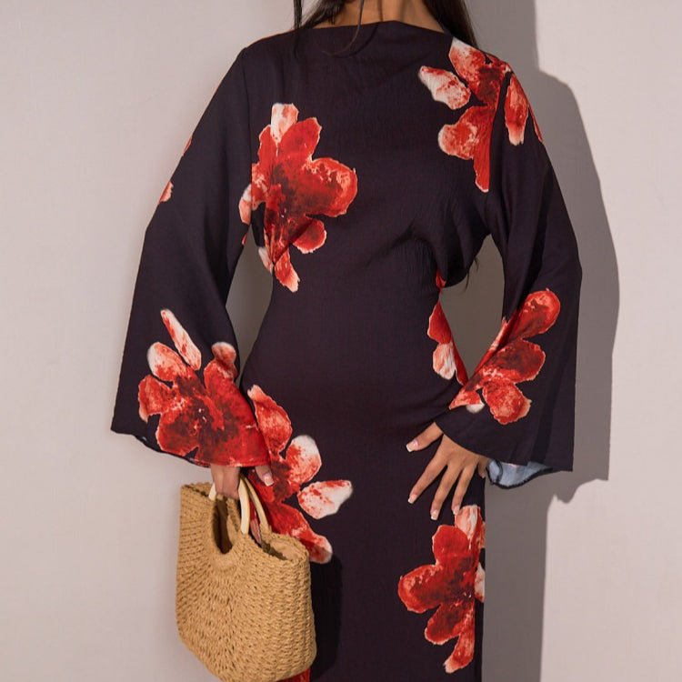 Floral Print Bell Sleeve Maxi Dress Abaya (MA214) - Mariam's Collection
