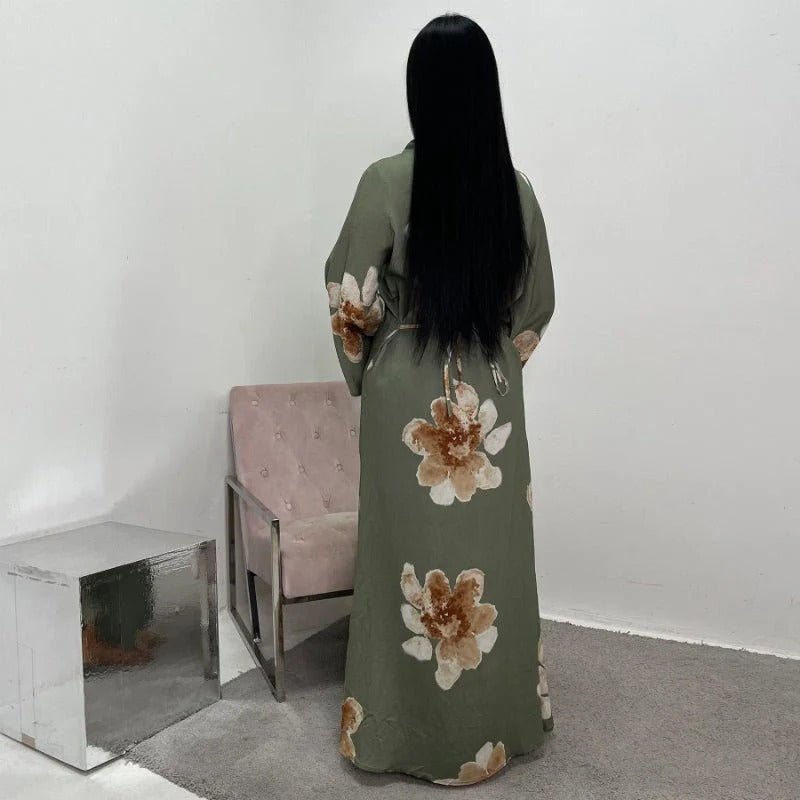 Floral Print Bell Sleeve Maxi Dress Abaya (MA214) - Mariam's Collection