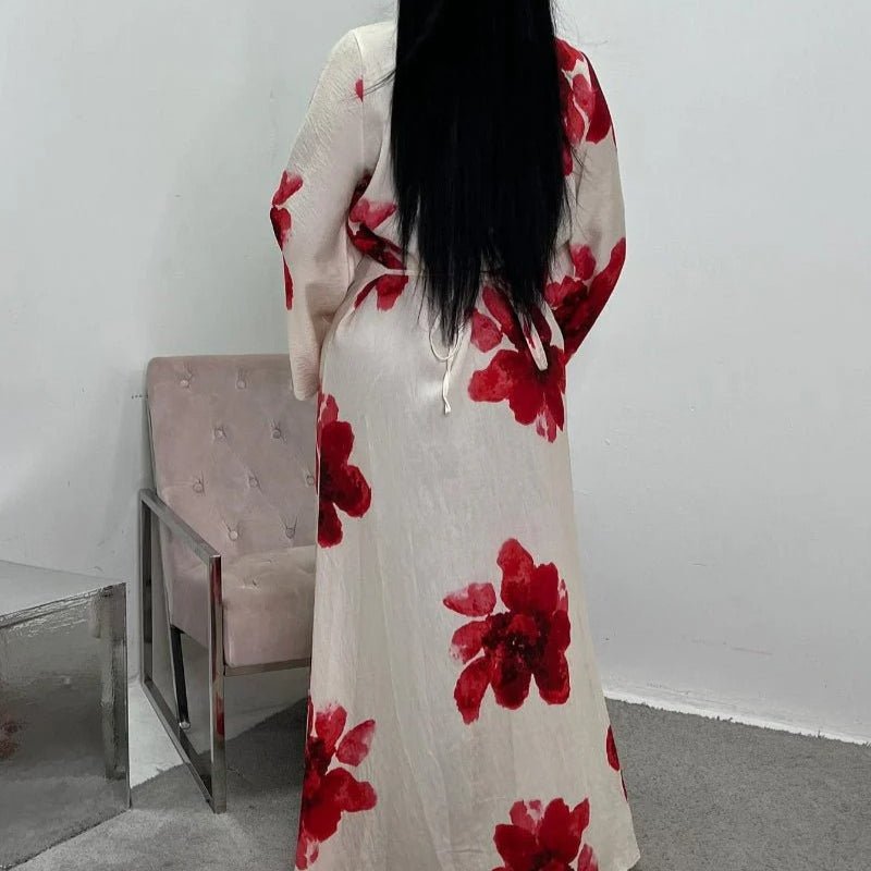 Floral Print Bell Sleeve Maxi Dress Abaya (MA214) - Mariam's Collection