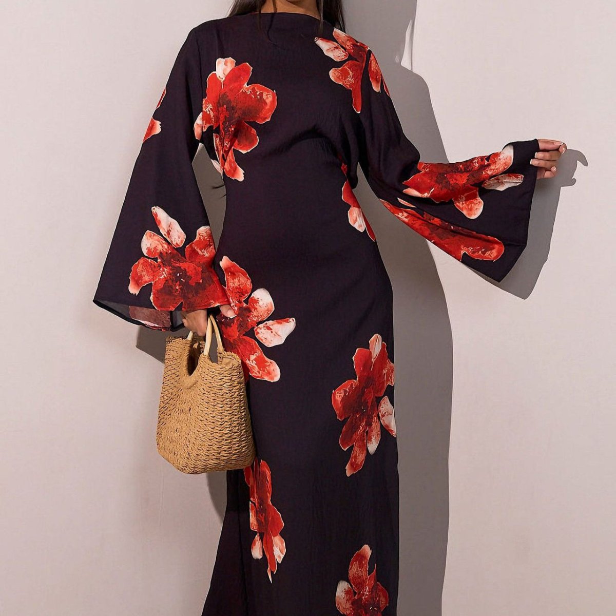 Floral Print Bell Sleeve Maxi Dress Abaya (MA214) - Mariam's Collection
