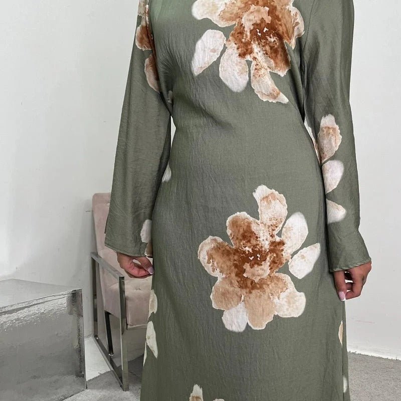 Floral Print Bell Sleeve Maxi Dress Abaya (MA214) - Mariam's Collection