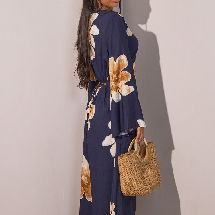 Floral Print Bell Sleeve Maxi Dress Abaya (MA214) - Mariam's Collection