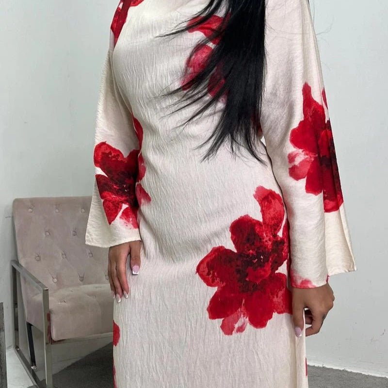Floral Print Bell Sleeve Maxi Dress Abaya (MA214) - Mariam's Collection