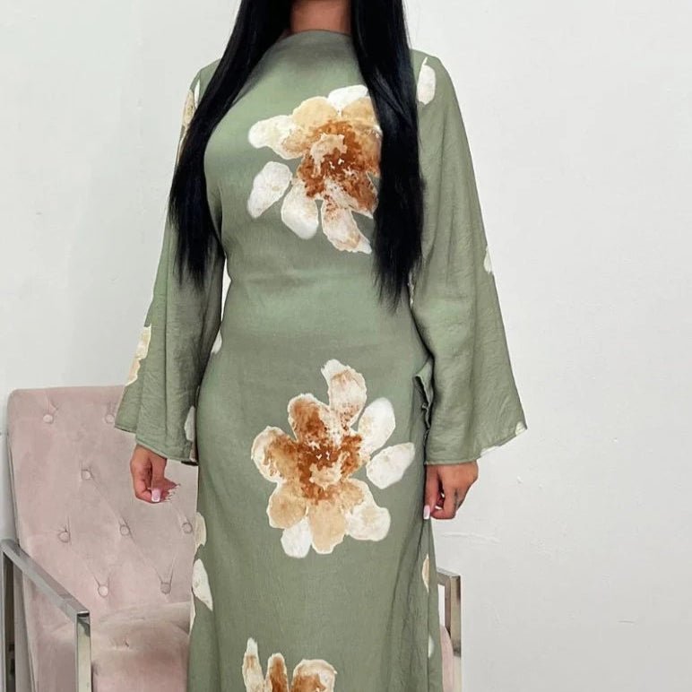 Floral Print Bell Sleeve Maxi Dress Abaya (MA214) - Mariam's Collection
