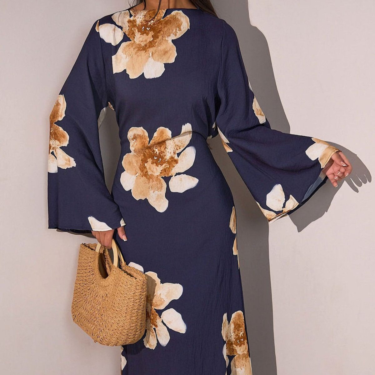 Floral Print Bell Sleeve Maxi Dress Abaya (MA214) - Mariam's Collection