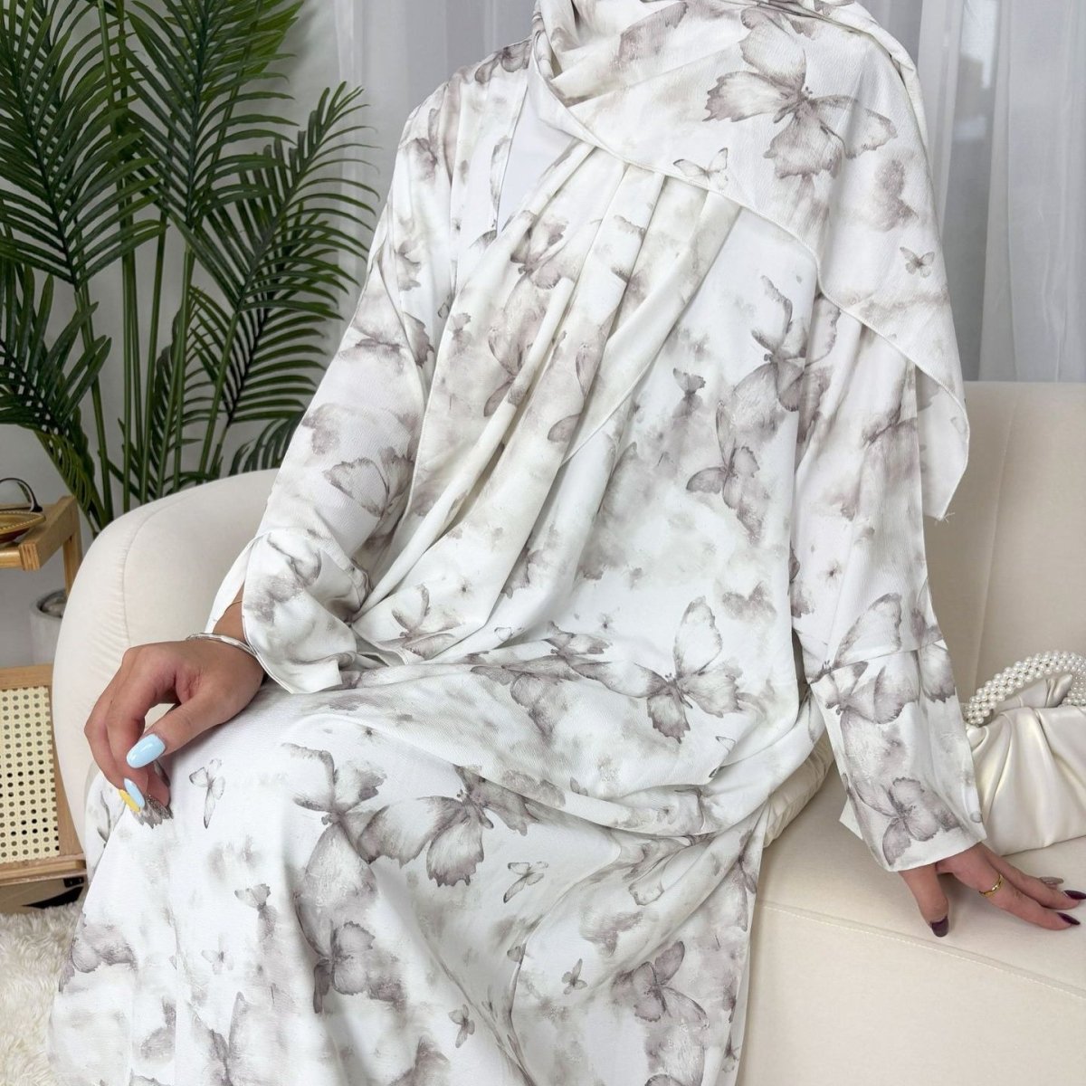 Floral Print Butterfly Sleeve Abaya Set | Resort Style Open - Front Cardigan(MOA256) - Mariam's Collection