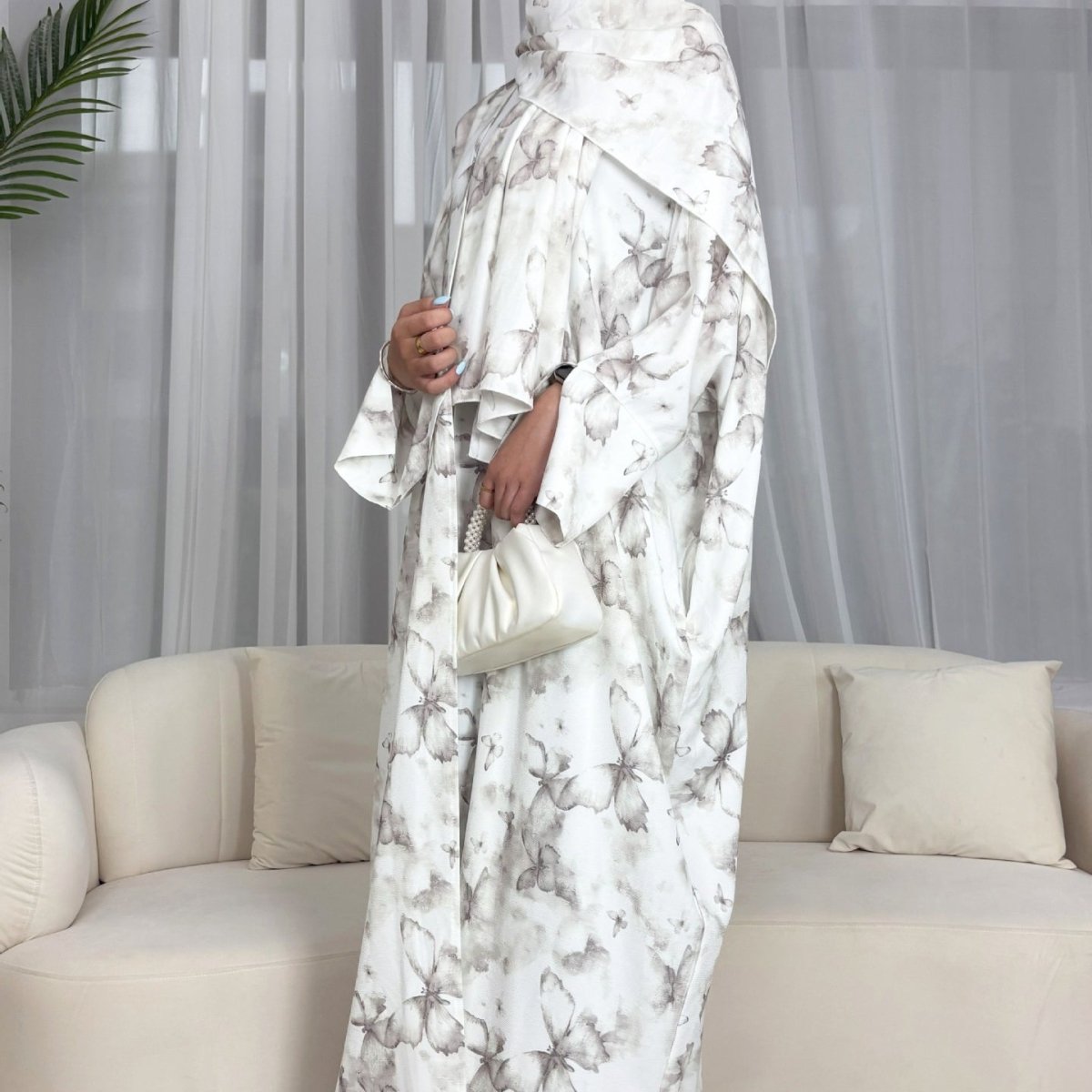 Floral Print Butterfly Sleeve Abaya Set | Resort Style Open - Front Cardigan(MOA256) - Mariam's Collection