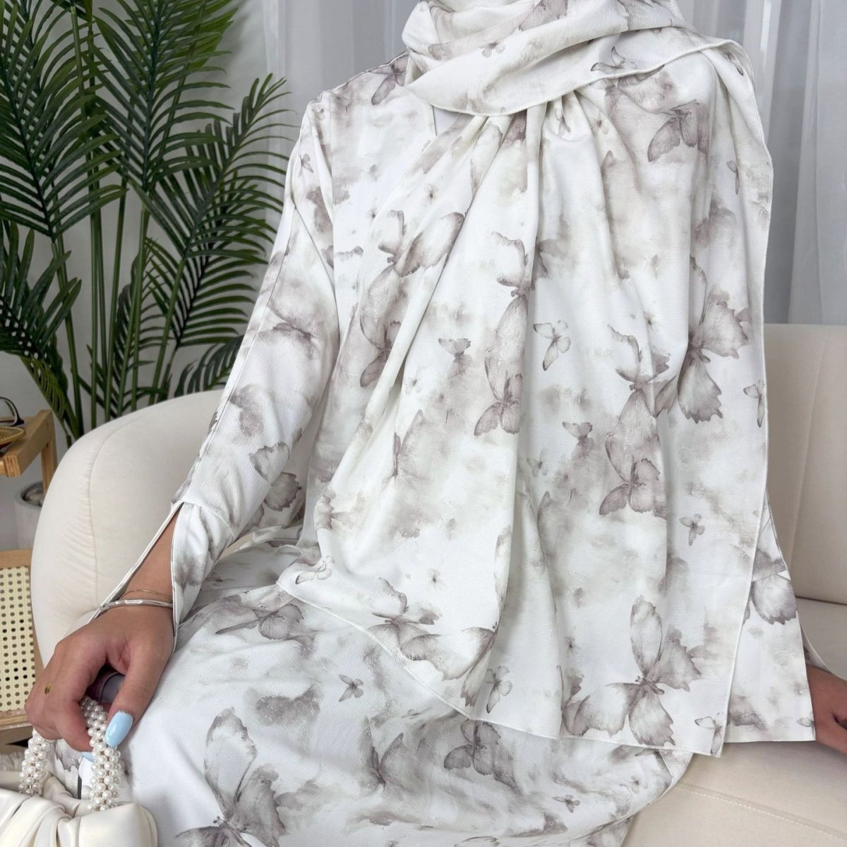 Floral Print Butterfly Sleeve Abaya Set | Resort Style Open - Front Cardigan(MOA256) - Mariam's Collection