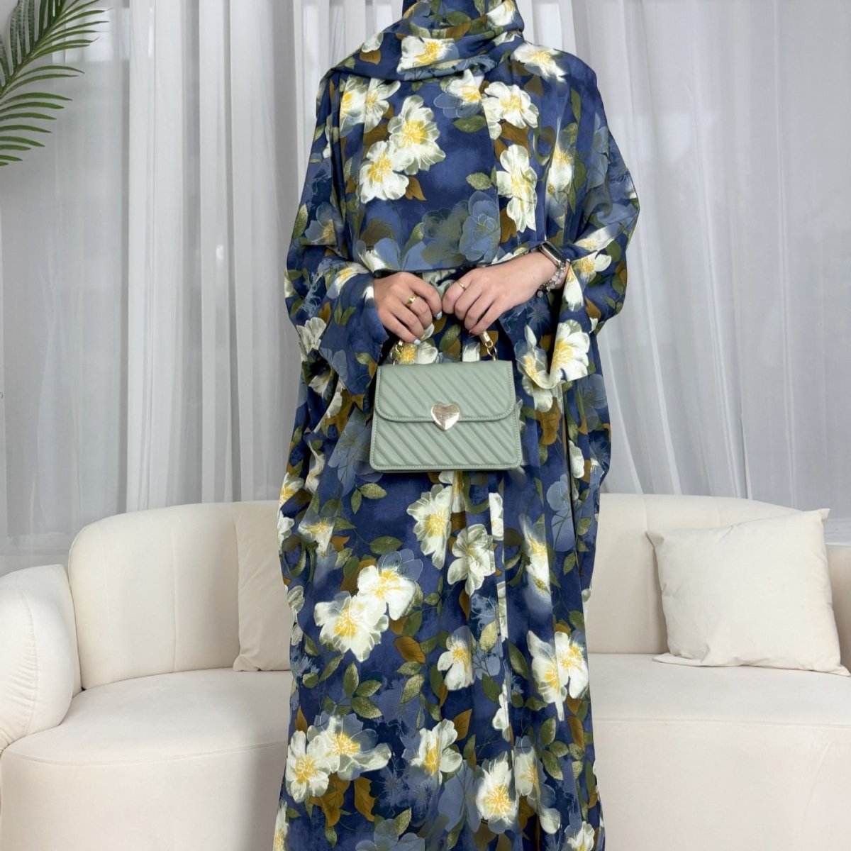 Floral Print Butterfly Sleeve Abaya Set | Resort Style Open - Front Cardigan(MOA256) - Mariam's Collection