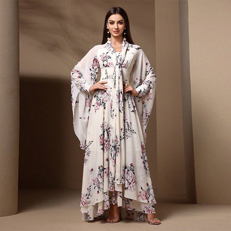 Floral Print Chiffon Kimono Dress – Modest Ruffle Abaya
