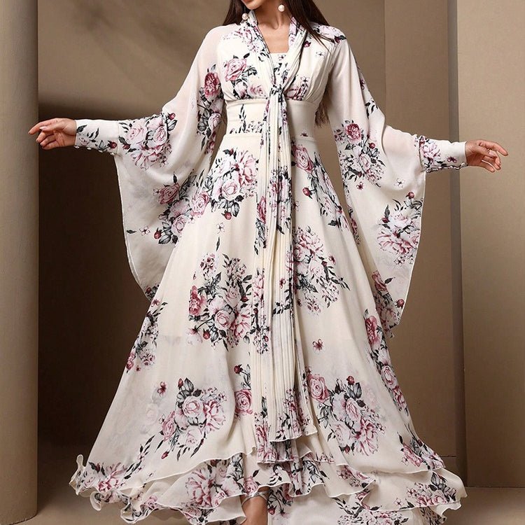 Floral Print Chiffon Kimono Dress – Modest Ruffle Abaya
