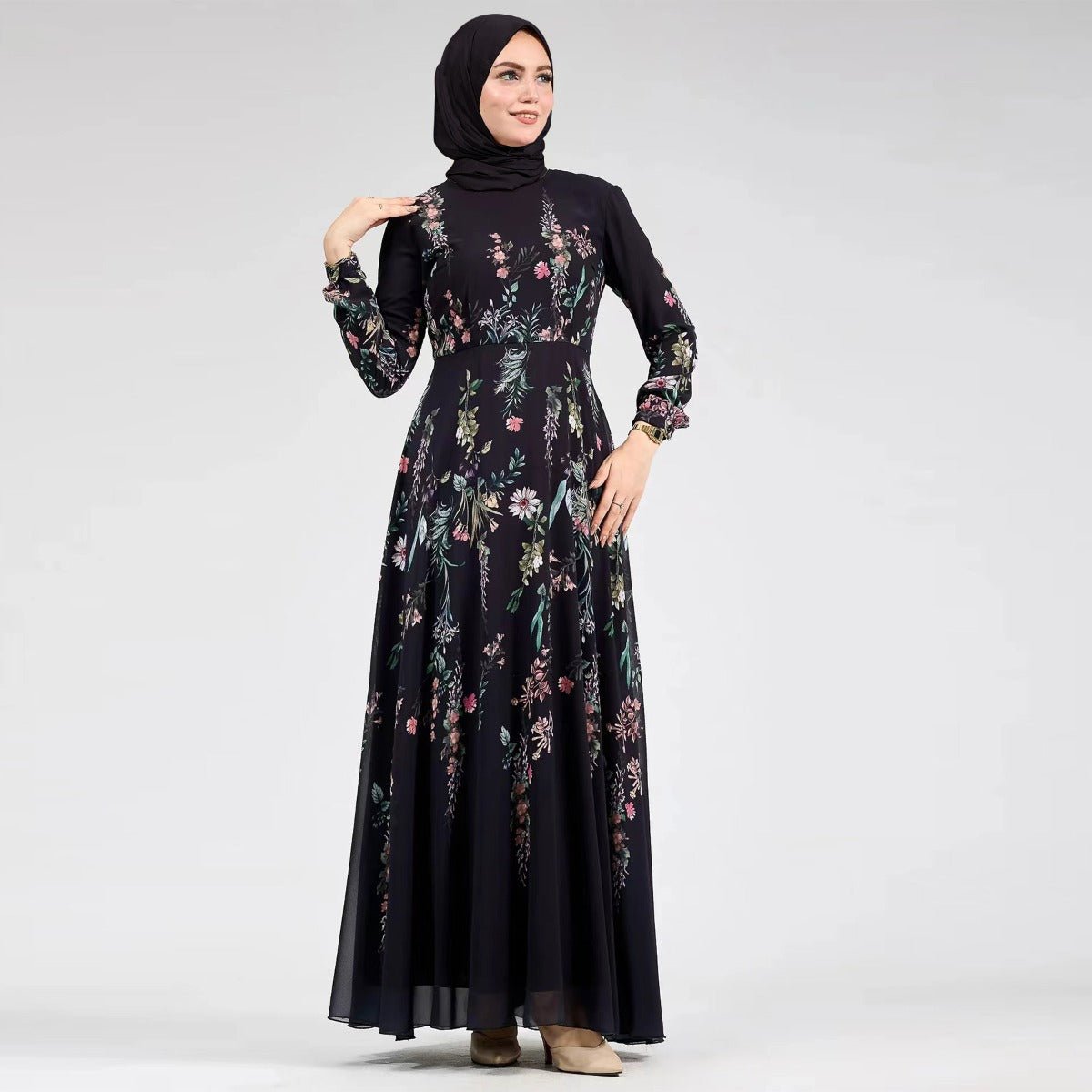 Floral Print Chiffon Maxi Dress | Modest High Neck Long Sleeve Dress with Belt. (MA238) - Mariam's Collection