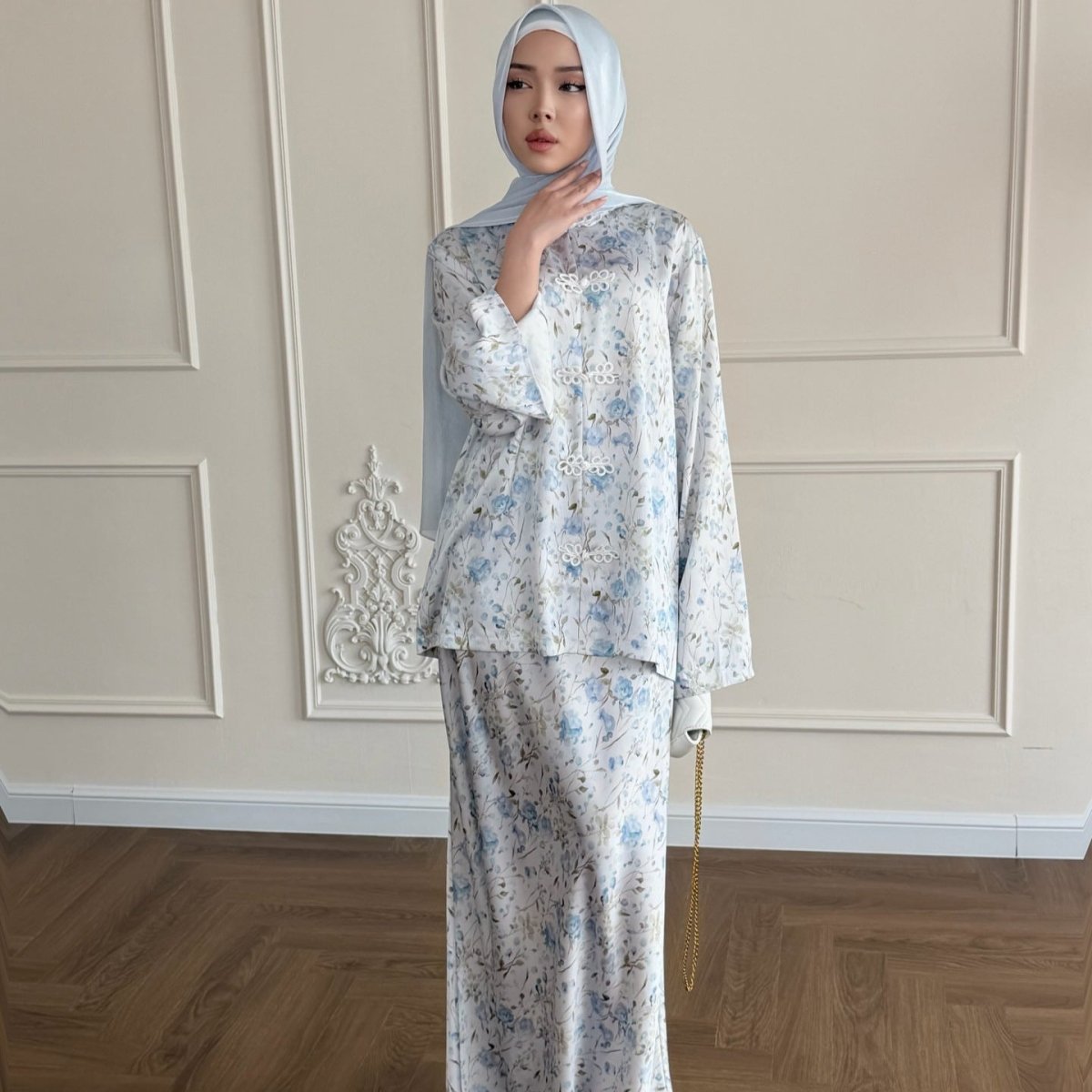 Floral Print Frog Button Blouse & Maxi Skirt Set(MS430) - Mariam's Collection