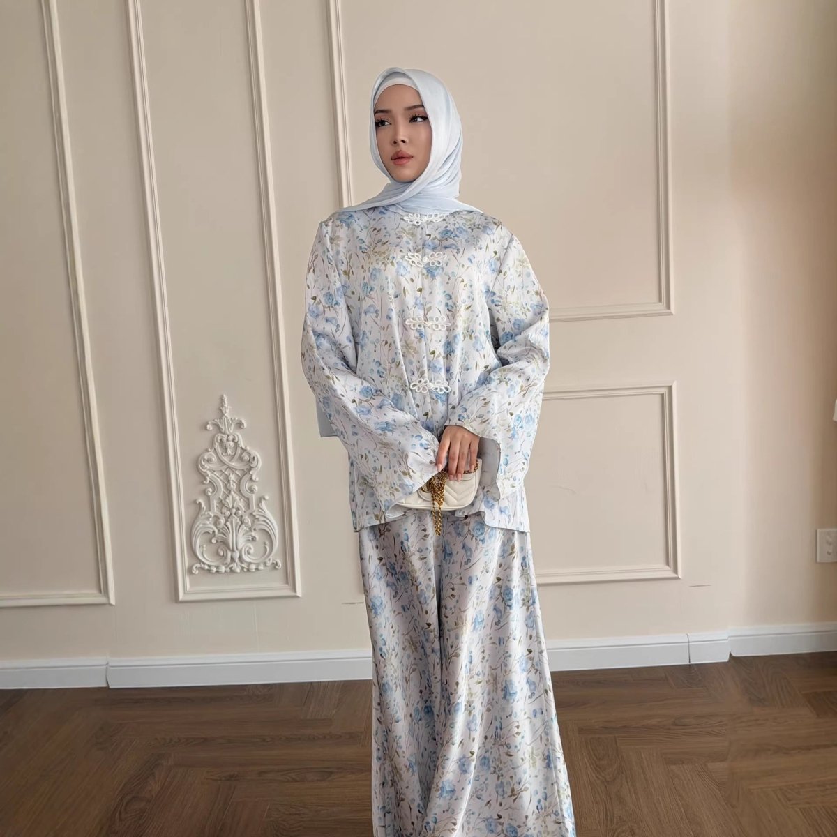 Floral Print Frog Button Blouse & Maxi Skirt Set(MS430) - Mariam's Collection
