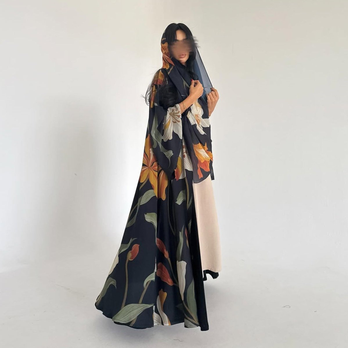 Floral Print Open Abaya with Matching Hijab(MOA287) - Mariam's Collection