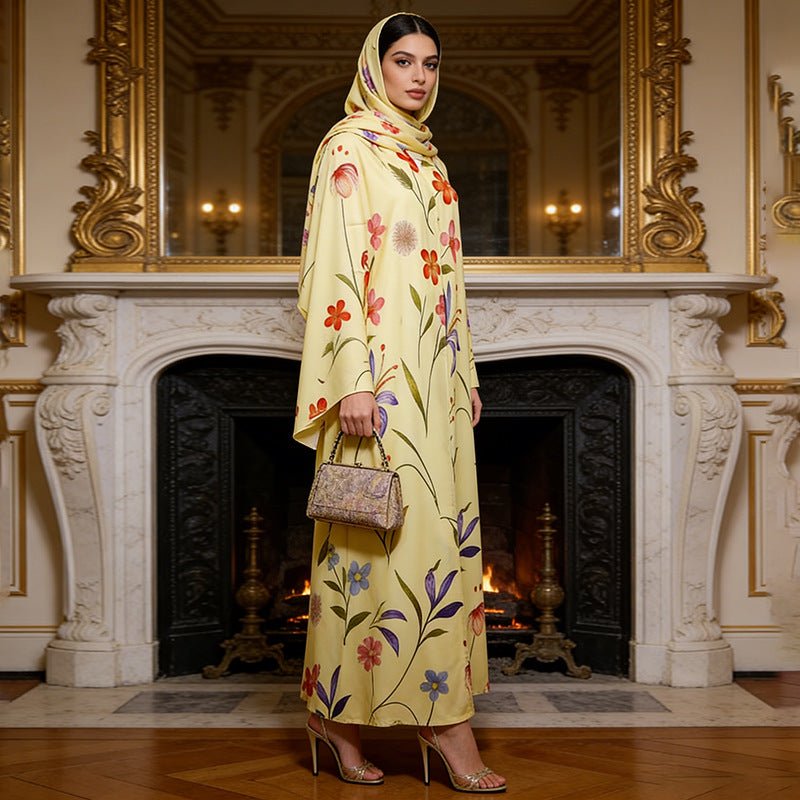 Floral Printed Oversized Abaya with Hijab — Botanical Print Modest Abaya Set